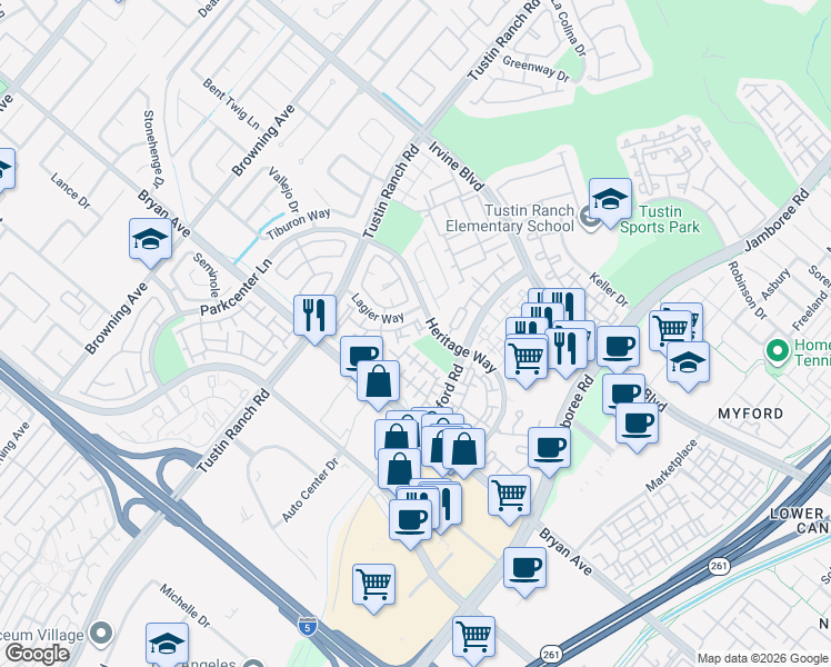 map of restaurants, bars, coffee shops, grocery stores, and more near 2593 Sutter Court in Tustin