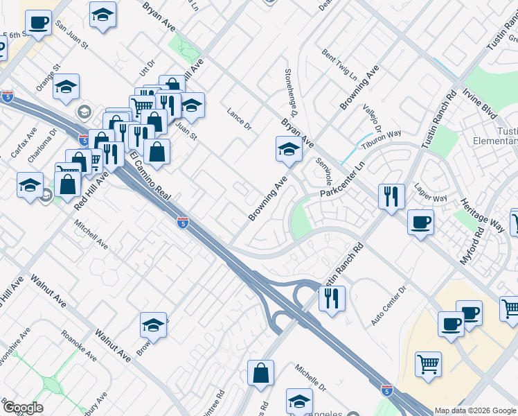 map of restaurants, bars, coffee shops, grocery stores, and more near 1972 Jan Marie Place in Tustin