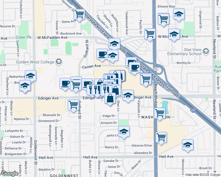 map of restaurants, bars, coffee shops, grocery stores, and more near 7601 Edinger Avenue in Huntington Beach