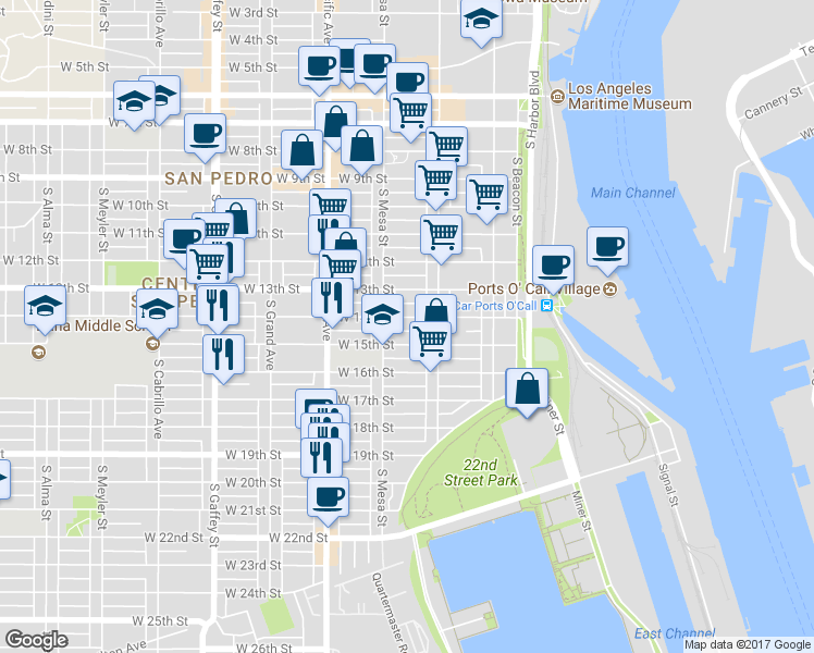 map of restaurants, bars, coffee shops, grocery stores, and more near 383 West 15th Street in Los Angeles