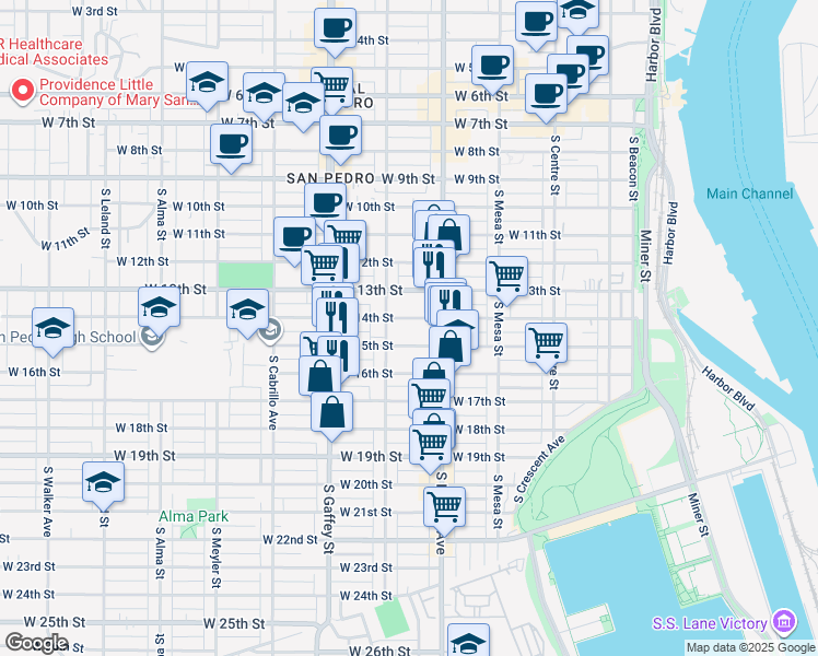 map of restaurants, bars, coffee shops, grocery stores, and more near 559 West 14th Street in San Pedro