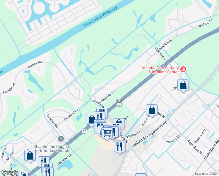 map of restaurants, bars, coffee shops, grocery stores, and more near 124 Myrtle Pointe Drive in Myrtle Beach