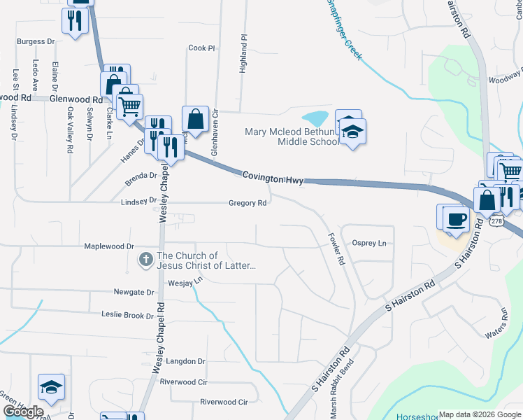 map of restaurants, bars, coffee shops, grocery stores, and more near 2033 Buckingham Court in Decatur