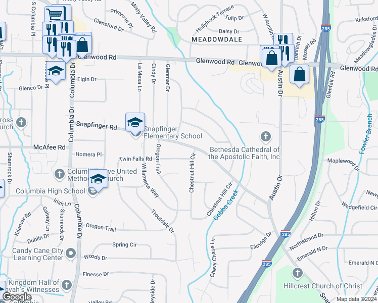 map of restaurants, bars, coffee shops, grocery stores, and more near 2038 Chestnut Hill Circle in Decatur