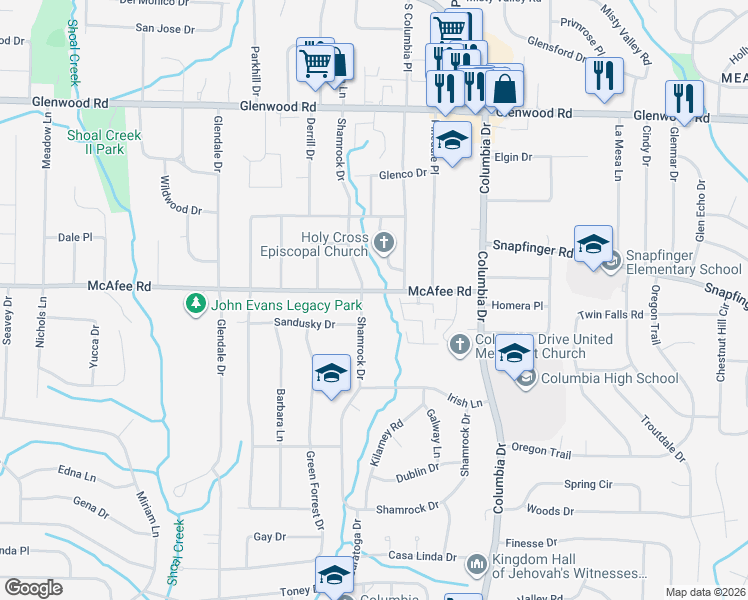 map of restaurants, bars, coffee shops, grocery stores, and more near 2040 Shamrock Drive in Decatur