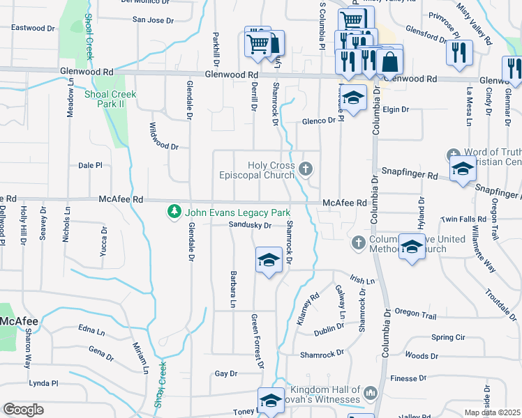map of restaurants, bars, coffee shops, grocery stores, and more near 3199 McAfee Road in Decatur