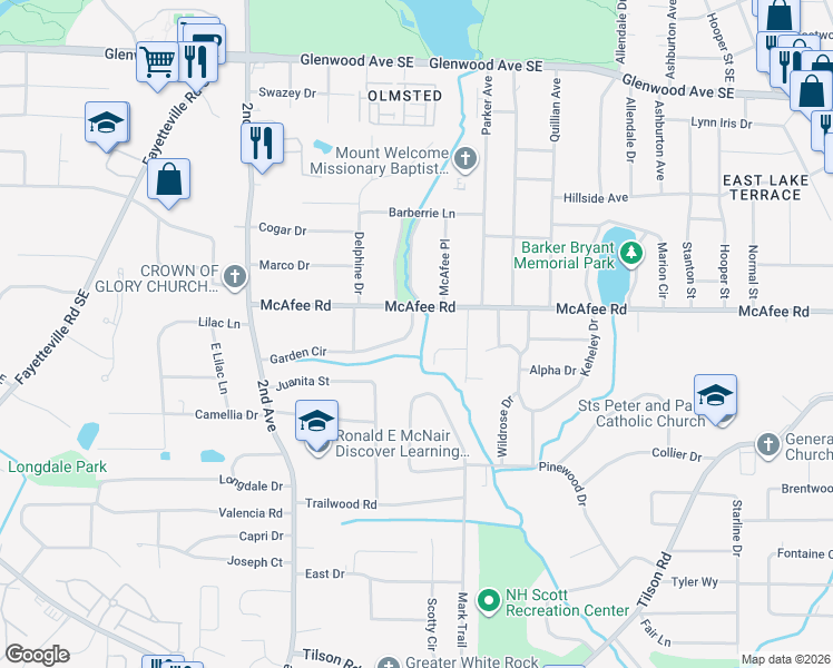 map of restaurants, bars, coffee shops, grocery stores, and more near 2127 Garden Circle in Decatur