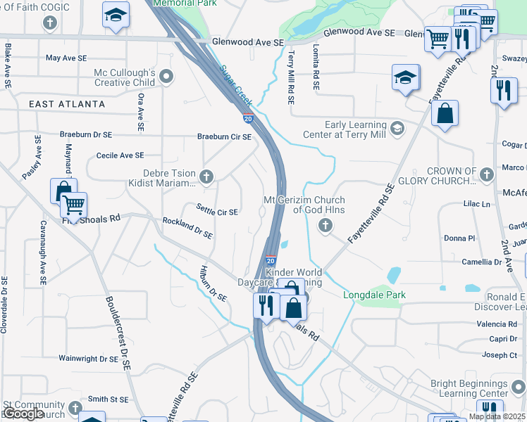 map of restaurants, bars, coffee shops, grocery stores, and more near 1940 Flat Shoals Road Southeast in Atlanta