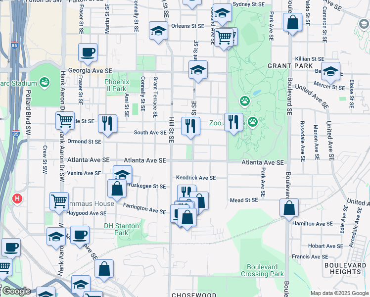map of restaurants, bars, coffee shops, grocery stores, and more near in Atlanta