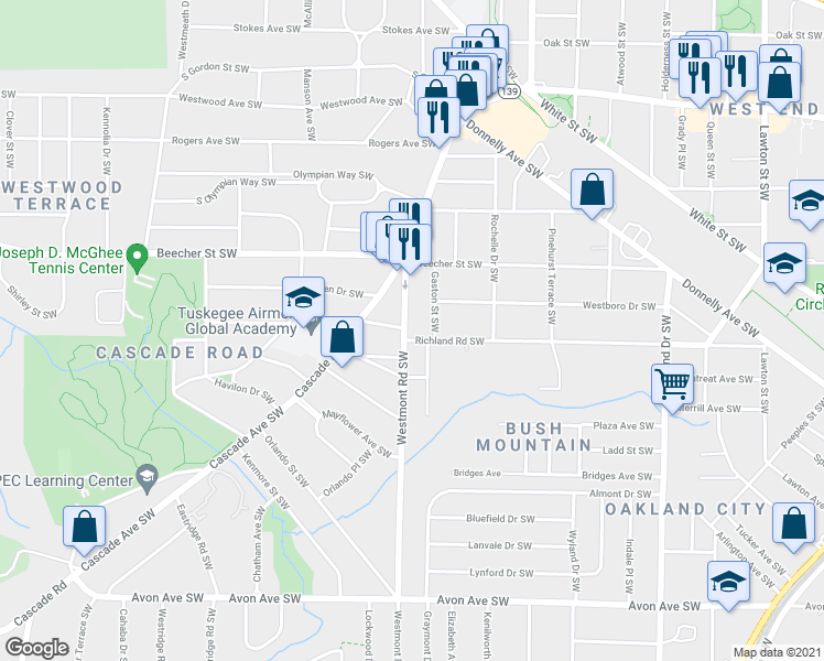 map of restaurants, bars, coffee shops, grocery stores, and more near 880 Westmont Road Southwest in Atlanta