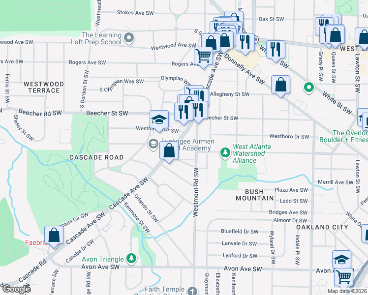 map of restaurants, bars, coffee shops, grocery stores, and more near 1533 Montreat Place Southwest in Atlanta