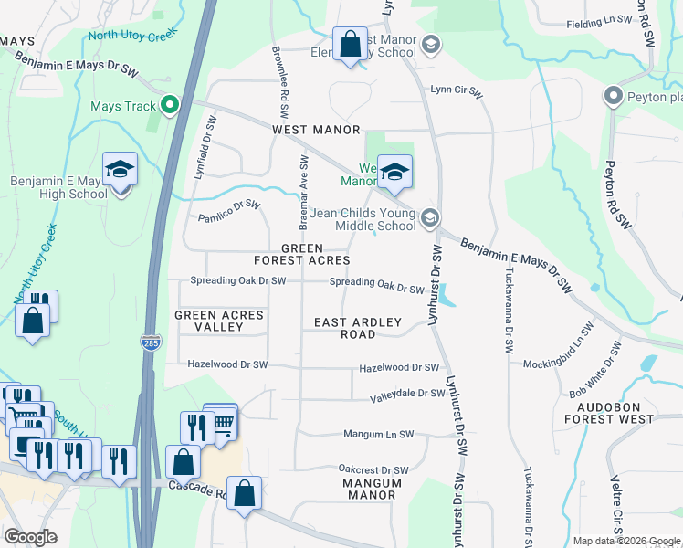 map of restaurants, bars, coffee shops, grocery stores, and more near 3223 Spreading Oak Drive Southwest in Atlanta