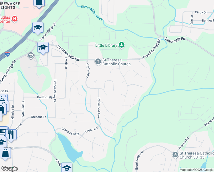 map of restaurants, bars, coffee shops, grocery stores, and more near 5643 Shamrock Lane in Douglasville