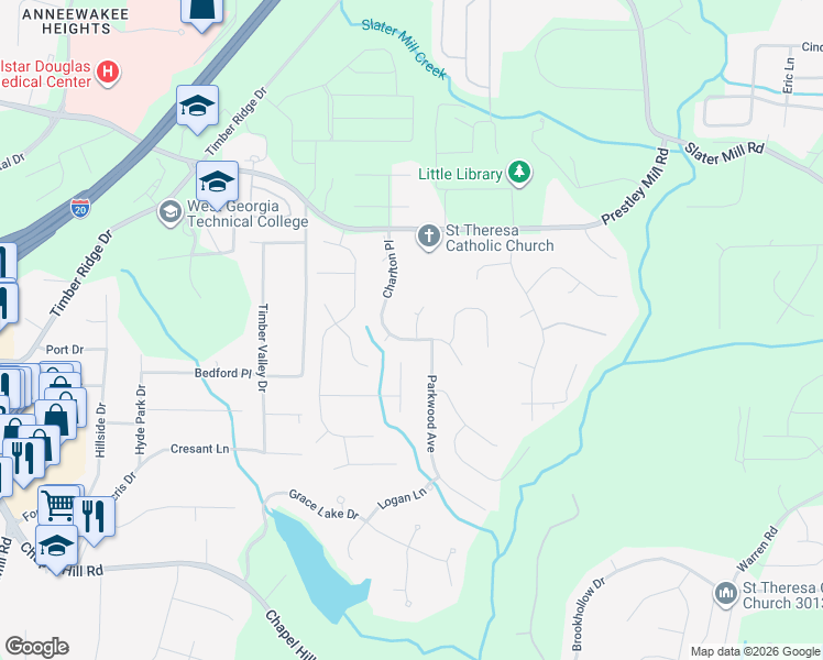 map of restaurants, bars, coffee shops, grocery stores, and more near 9242 Charlton Place in Douglasville