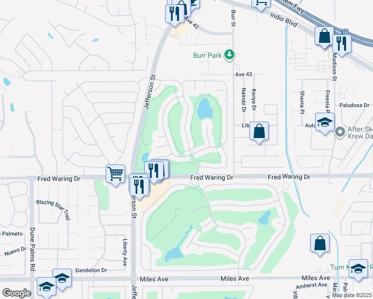 map of restaurants, bars, coffee shops, grocery stores, and more near 43363 Heritage Palms Drive North in Indio