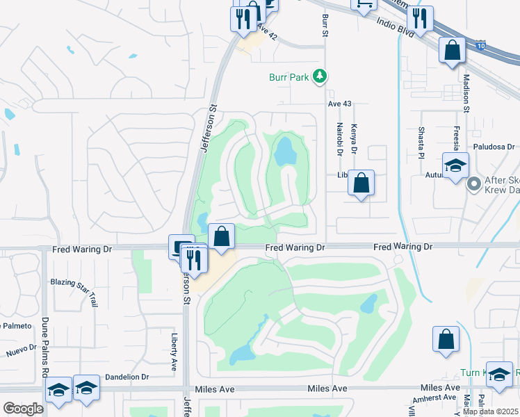 map of restaurants, bars, coffee shops, grocery stores, and more near 43363 Heritage Palms Drive North in Indio