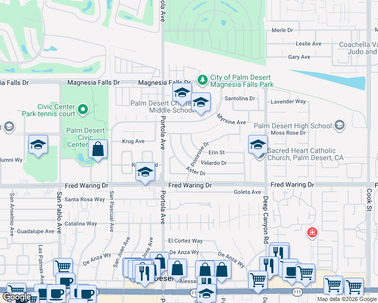 map of restaurants, bars, coffee shops, grocery stores, and more near 74106 Velardo Drive in Palm Desert