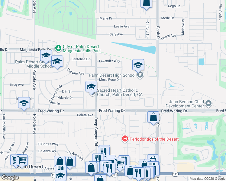 map of restaurants, bars, coffee shops, grocery stores, and more near 90 Clavel Court in Palm Desert