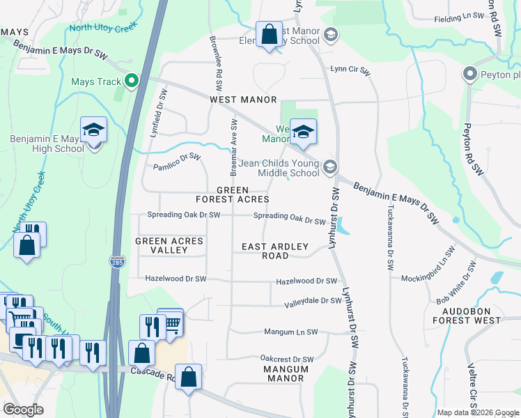 map of restaurants, bars, coffee shops, grocery stores, and more near 3223 Spreading Oak Dr SW in Atlanta
