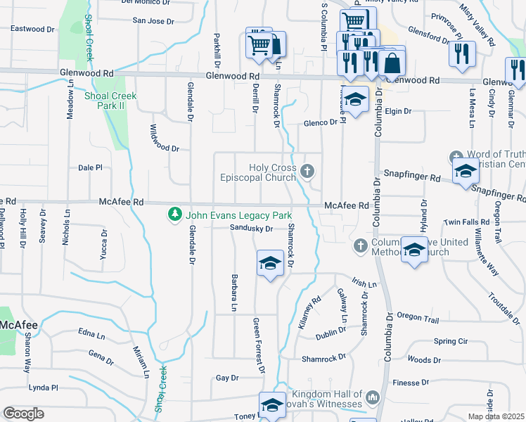 map of restaurants, bars, coffee shops, grocery stores, and more near 3199 McAfee Road in Decatur