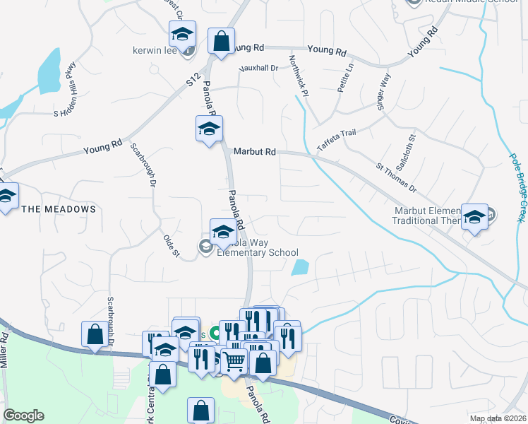 map of restaurants, bars, coffee shops, grocery stores, and more near 5465 Panola Downs Road in Lithonia