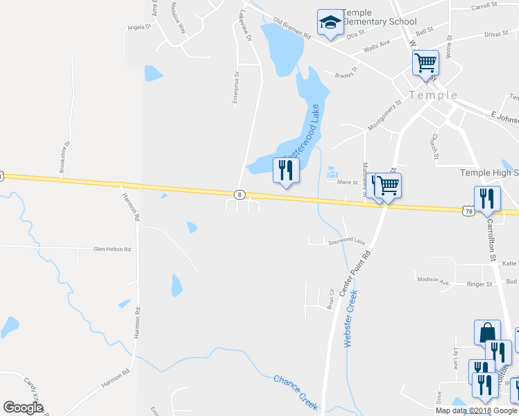 map of restaurants, bars, coffee shops, grocery stores, and more near 105 Bedrock Place in Temple