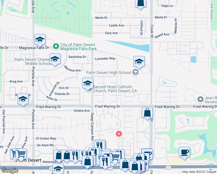 map of restaurants, bars, coffee shops, grocery stores, and more near 68 Rocio Court in Palm Desert