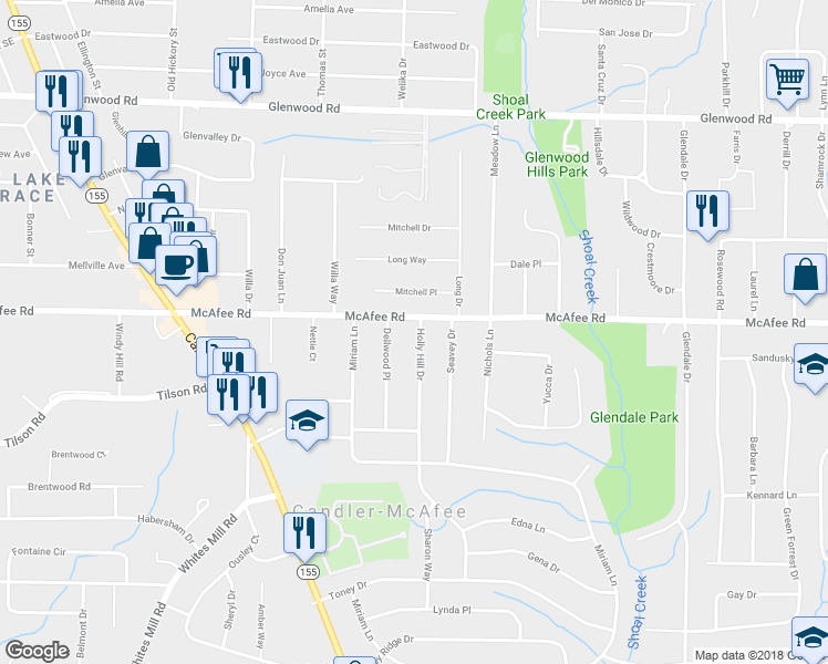 map of restaurants, bars, coffee shops, grocery stores, and more near 2019 Holly Hill Drive in Decatur