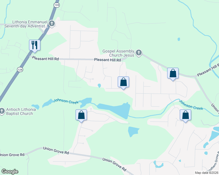 map of restaurants, bars, coffee shops, grocery stores, and more near 7614 Pond View Ln in Lithonia