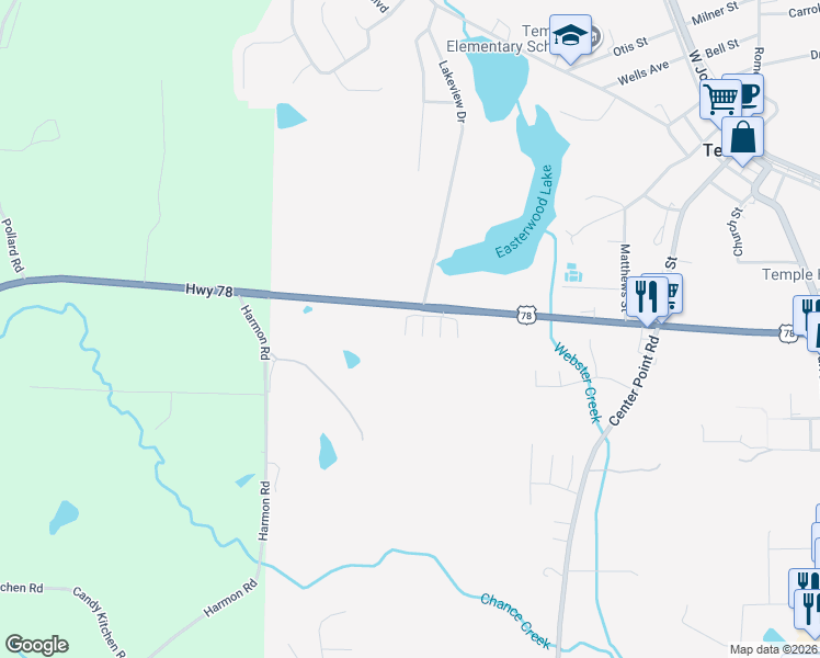 map of restaurants, bars, coffee shops, grocery stores, and more near 412 Bedrock Place in Temple
