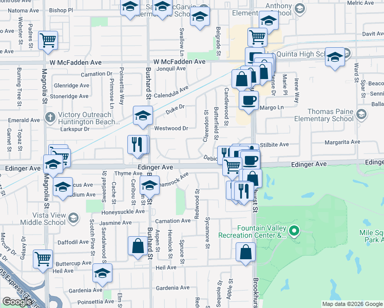map of restaurants, bars, coffee shops, grocery stores, and more near 9696 Moss Glen Avenue in Fountain Valley