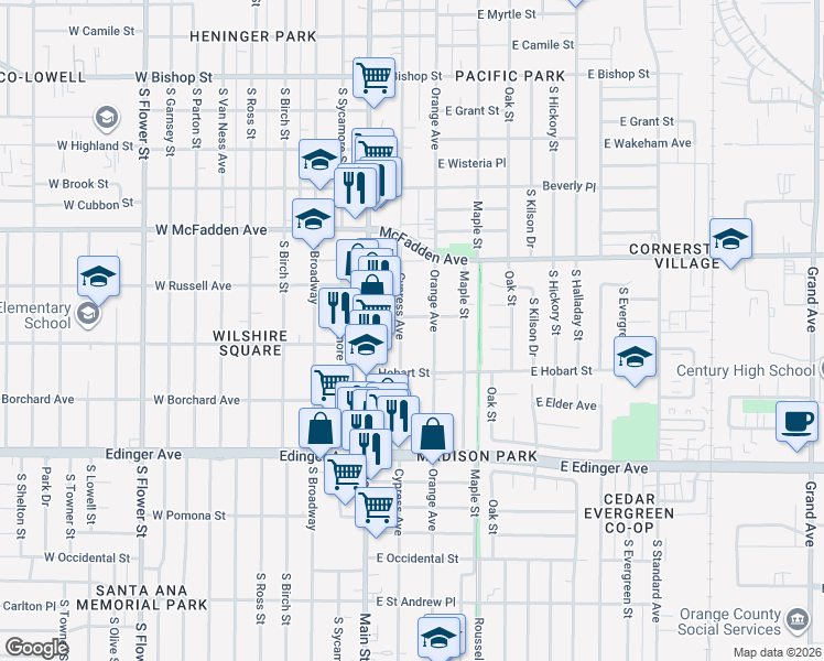 map of restaurants, bars, coffee shops, grocery stores, and more near 1334 Orange Avenue in Santa Ana