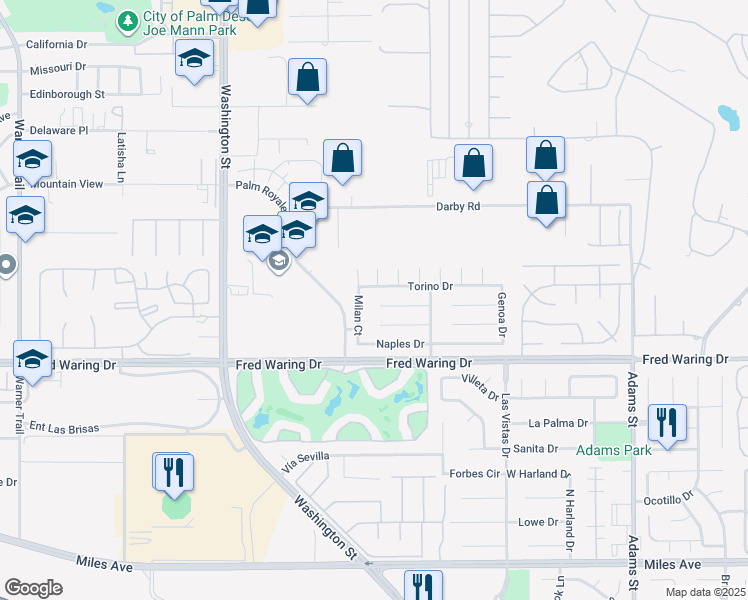 map of restaurants, bars, coffee shops, grocery stores, and more near 78524 San Marino Court in La Quinta