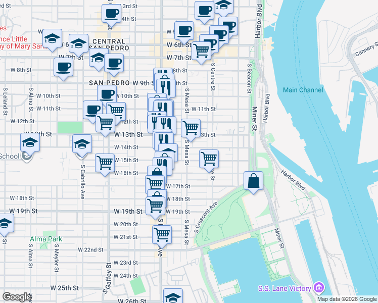 map of restaurants, bars, coffee shops, grocery stores, and more near 1412 South Mesa Street in Los Angeles