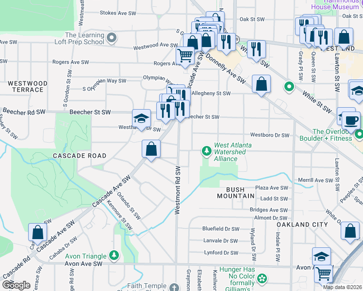 map of restaurants, bars, coffee shops, grocery stores, and more near 880 Westmont Road Southwest in Atlanta
