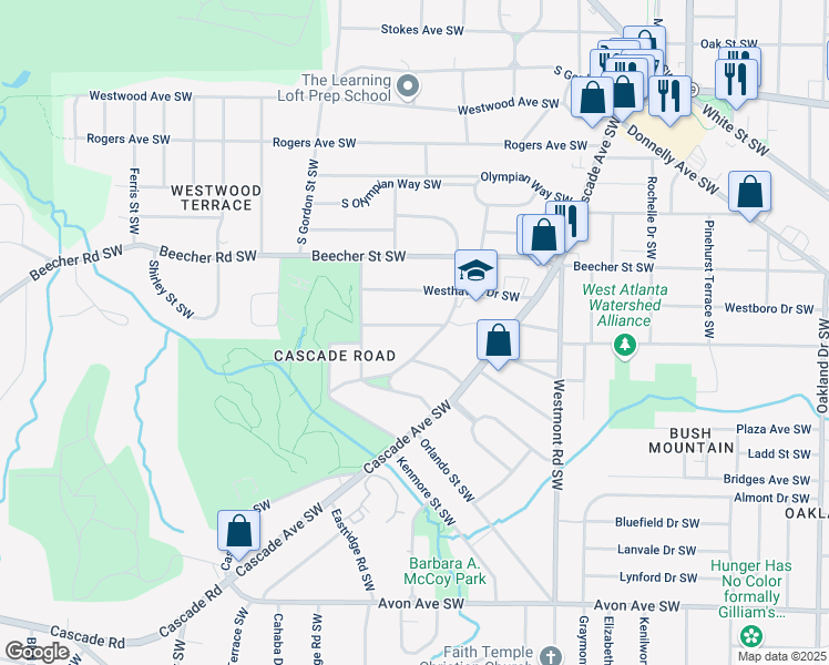 map of restaurants, bars, coffee shops, grocery stores, and more near 1688 Richland Road Southwest in Atlanta