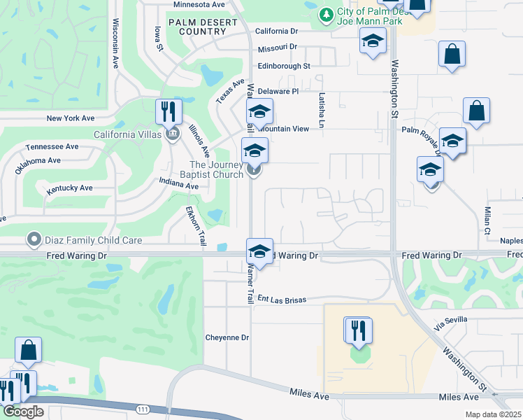 map of restaurants, bars, coffee shops, grocery stores, and more near 43695 Cll Las Brisas West in Palm Desert