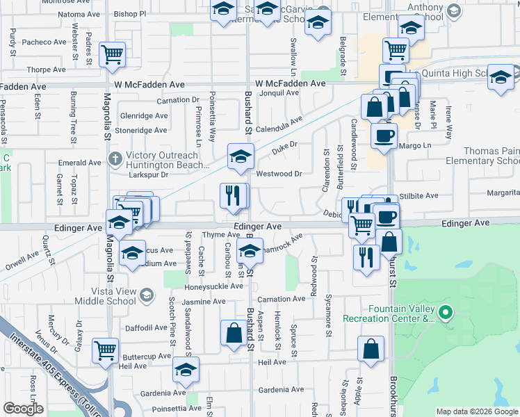 map of restaurants, bars, coffee shops, grocery stores, and more near 9543 Andover Circle in Fountain Valley