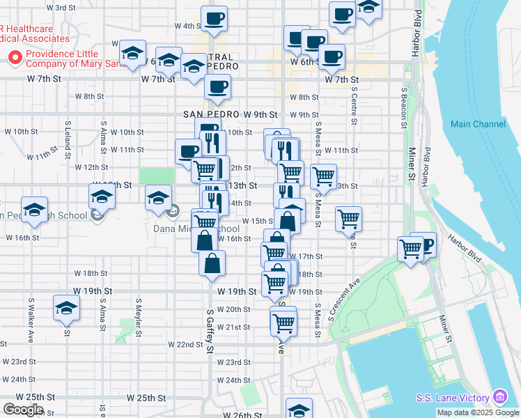 map of restaurants, bars, coffee shops, grocery stores, and more near 559 West 14th Street in Los Angeles
