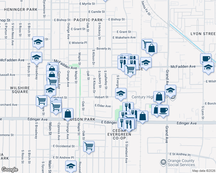 map of restaurants, bars, coffee shops, grocery stores, and more near 1301 South Halladay Street in Santa Ana