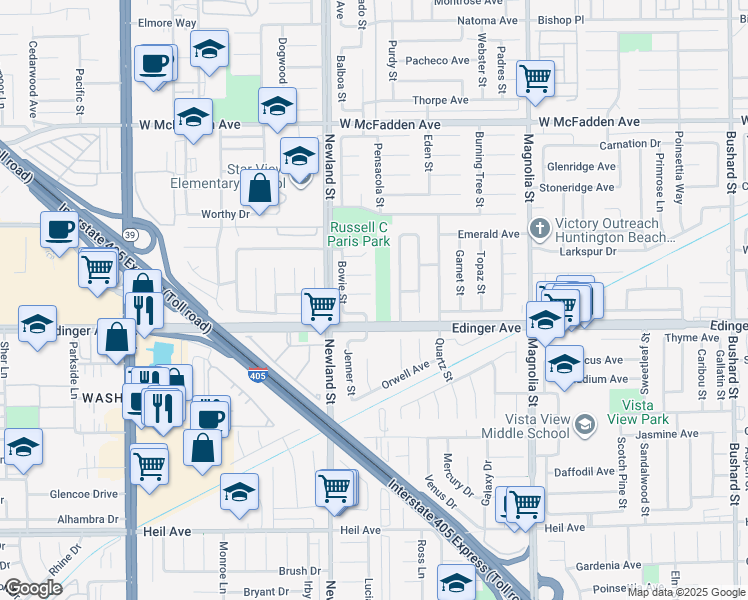map of restaurants, bars, coffee shops, grocery stores, and more near 8582 Cody Avenue in Westminster
