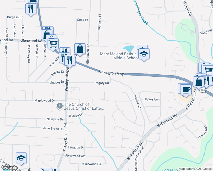 map of restaurants, bars, coffee shops, grocery stores, and more near 2033 Buckingham Court in Decatur