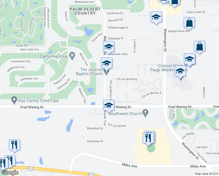 map of restaurants, bars, coffee shops, grocery stores, and more near 43695 Cll Las Brisas West in Palm Desert