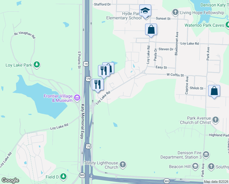 map of restaurants, bars, coffee shops, grocery stores, and more near 2814 Tuck-A-Way Street in Denison