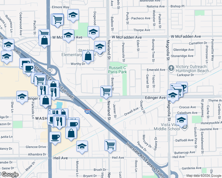 map of restaurants, bars, coffee shops, grocery stores, and more near 15892 Caltech Circle in Westminster