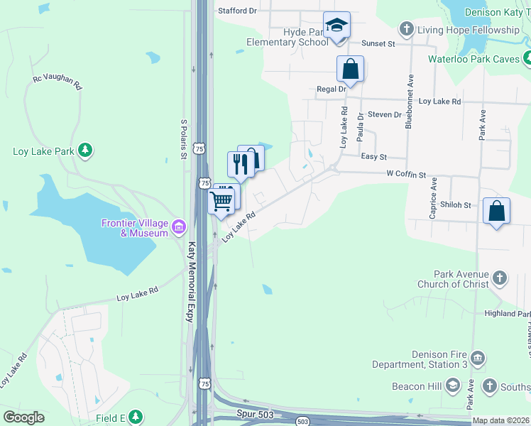 map of restaurants, bars, coffee shops, grocery stores, and more near 3023 Loy Lake Road in Denison