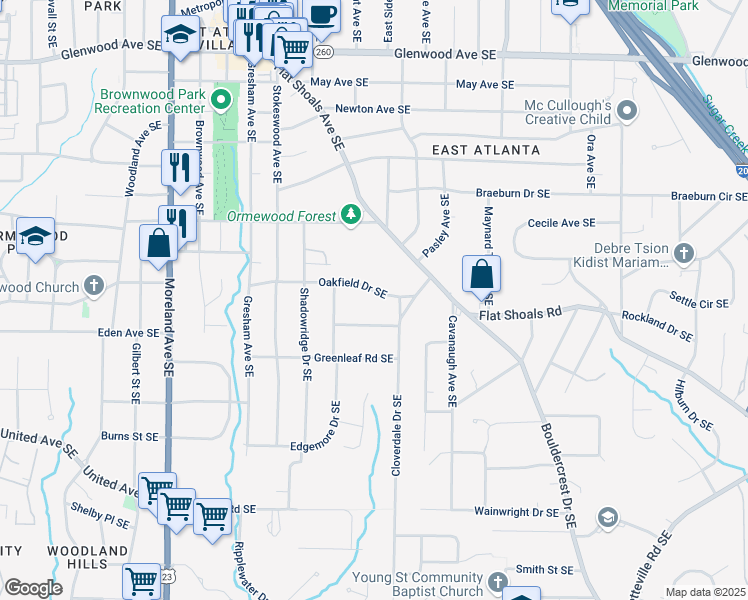 map of restaurants, bars, coffee shops, grocery stores, and more near 1221 Oakfield Drive Southeast in Atlanta