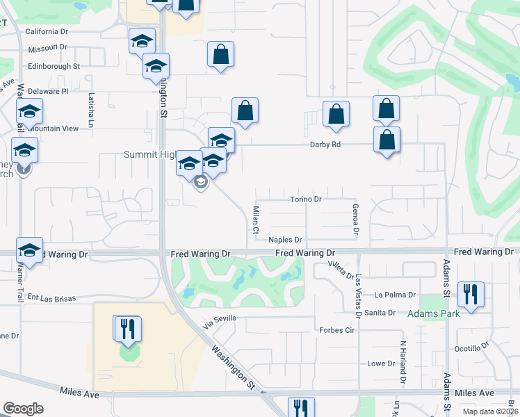 map of restaurants, bars, coffee shops, grocery stores, and more near 43760 Milan Court in La Quinta