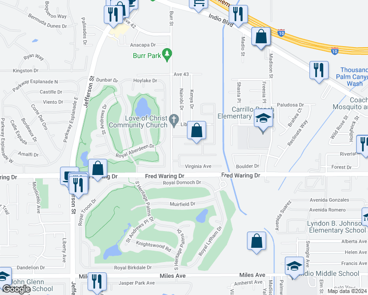map of restaurants, bars, coffee shops, grocery stores, and more near 80601 Declaration Avenue in Indio