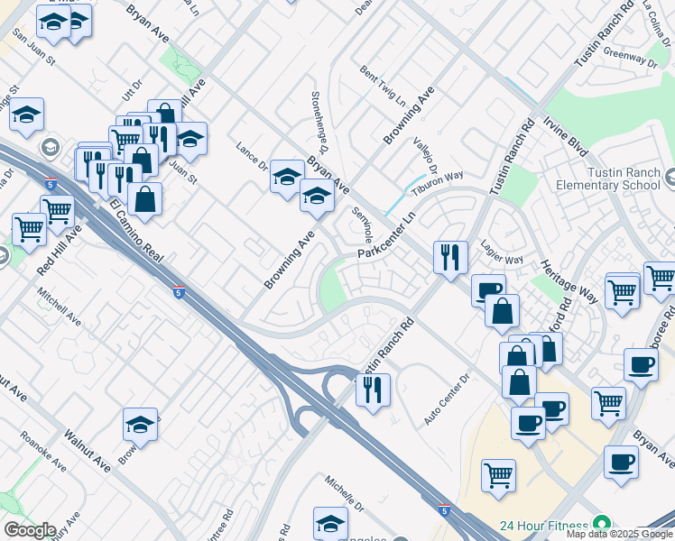 map of restaurants, bars, coffee shops, grocery stores, and more near 13635 Almond Street in Tustin
